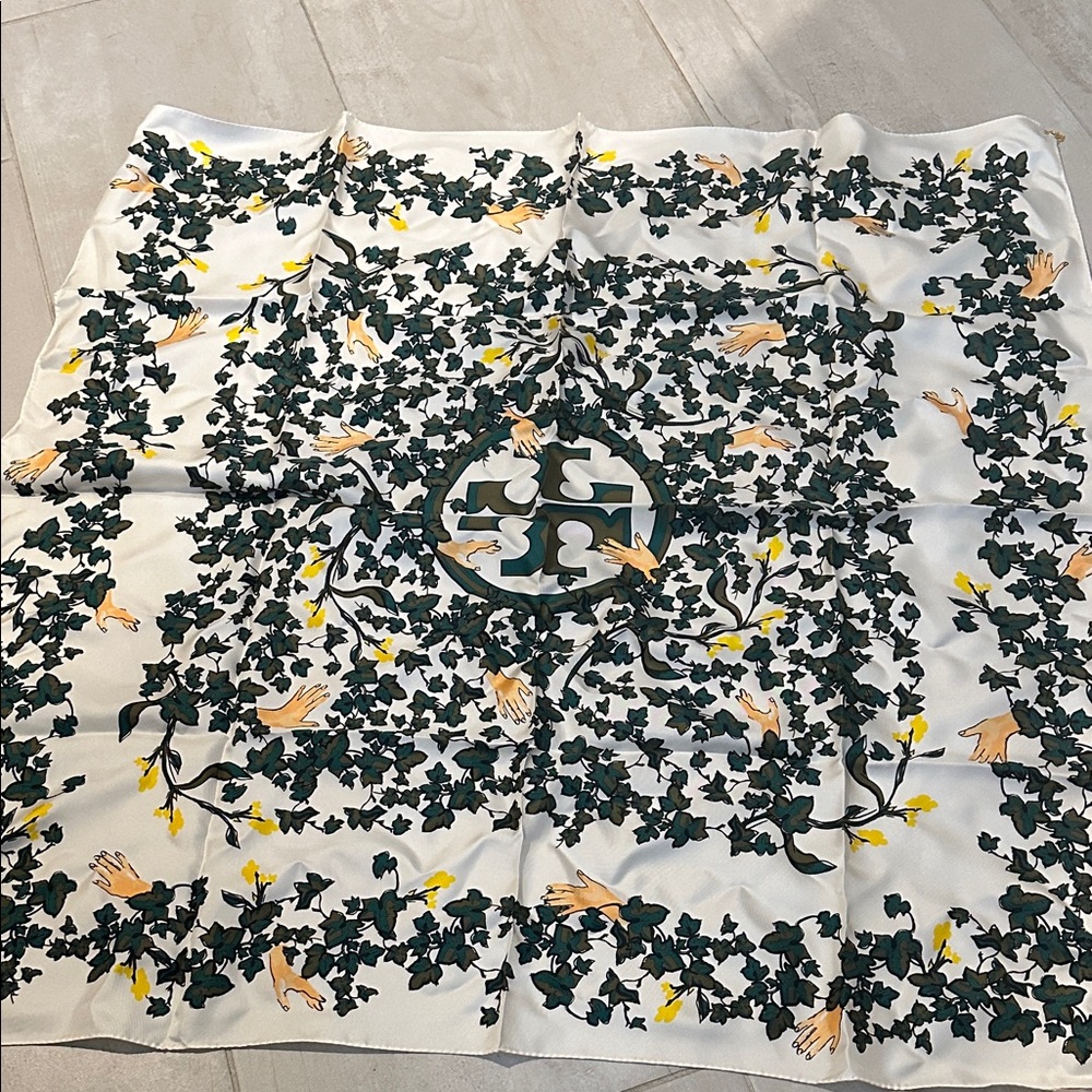 Tory Burch Silk Scarf - Cream, Gold, and Black Floral Charms at Four Corners - Picture 3 of 4